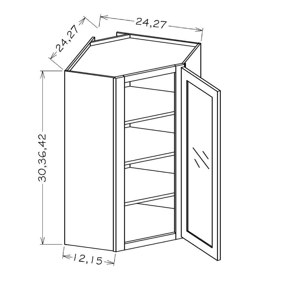 Black Shaker 24"W x 36"H Wall Diagonal Glass Door Corner Cabinet with Finished Interior