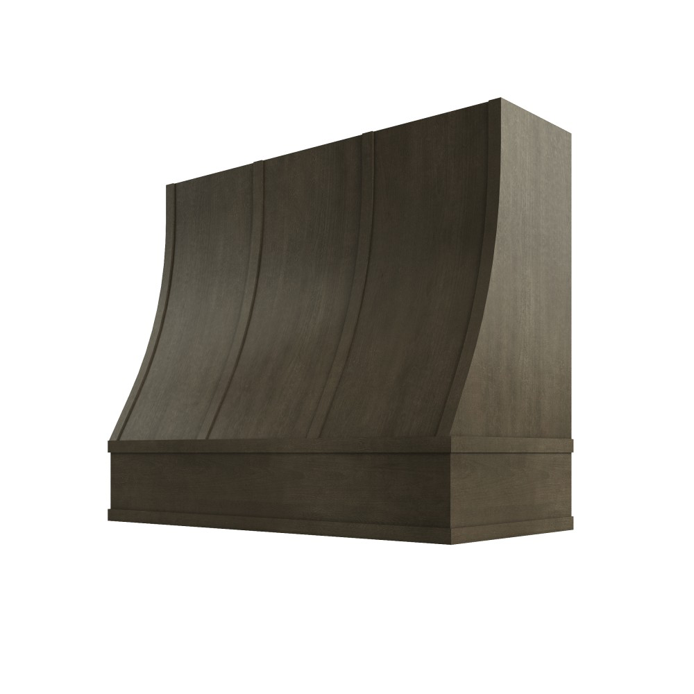 Sloped Wood Range Hood with Strapped Front and Flat Moulding