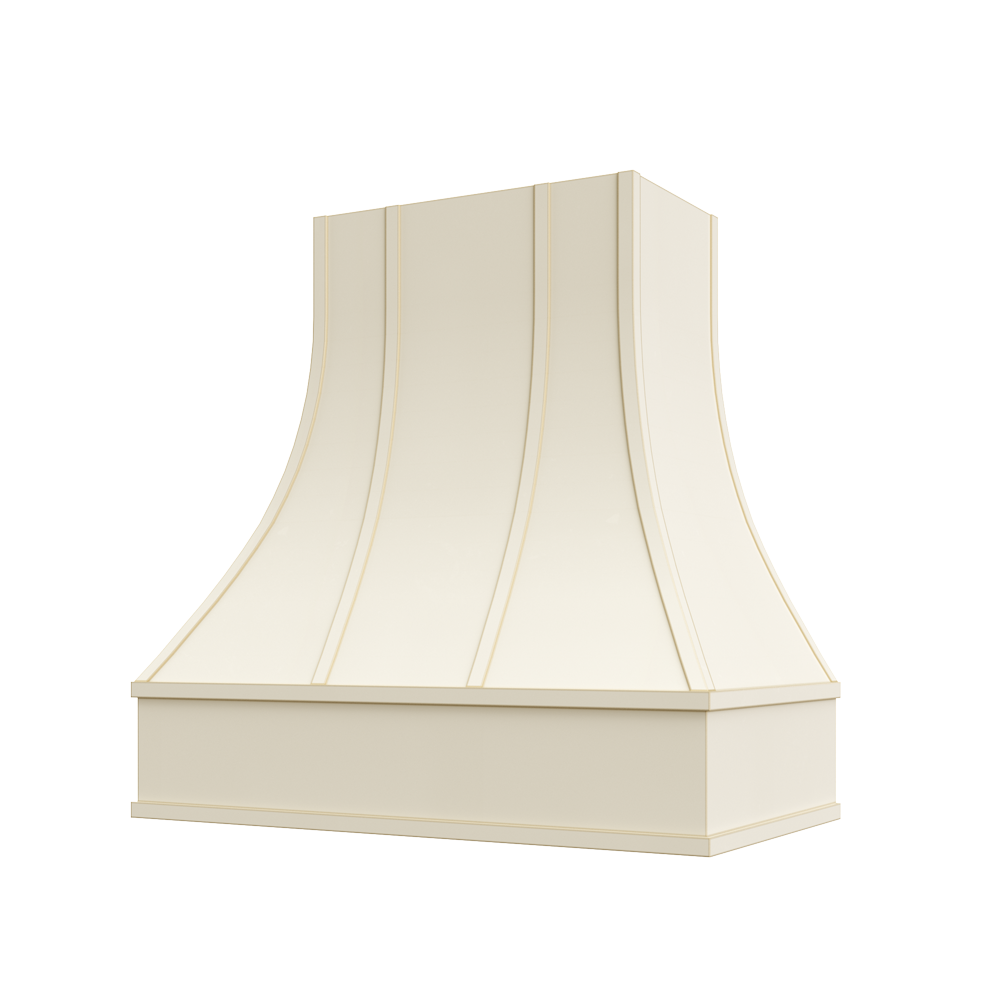 Curved Wood Range Hood with Strapped Front and Flat Moulding