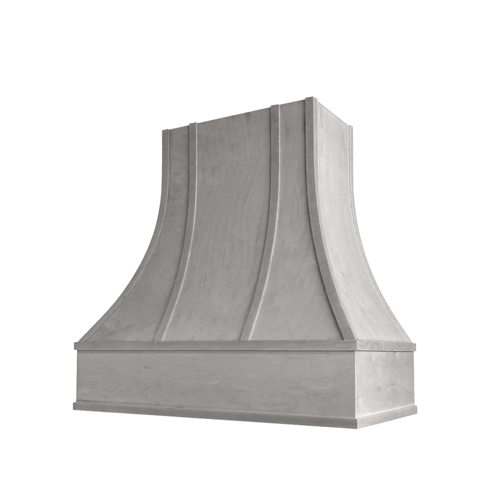 Curved Wood Range Hood with Strapped Front and Flat Moulding