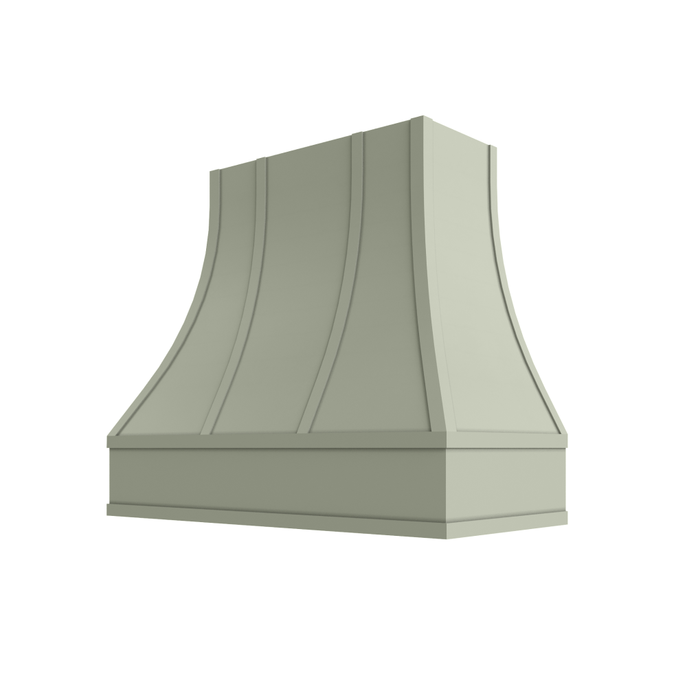 Curved Wood Range Hood with Strapped Front and Flat Moulding