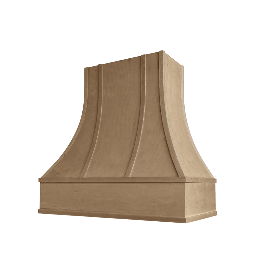 Curved Wood Range Hood with Strapped Front and Flat Moulding