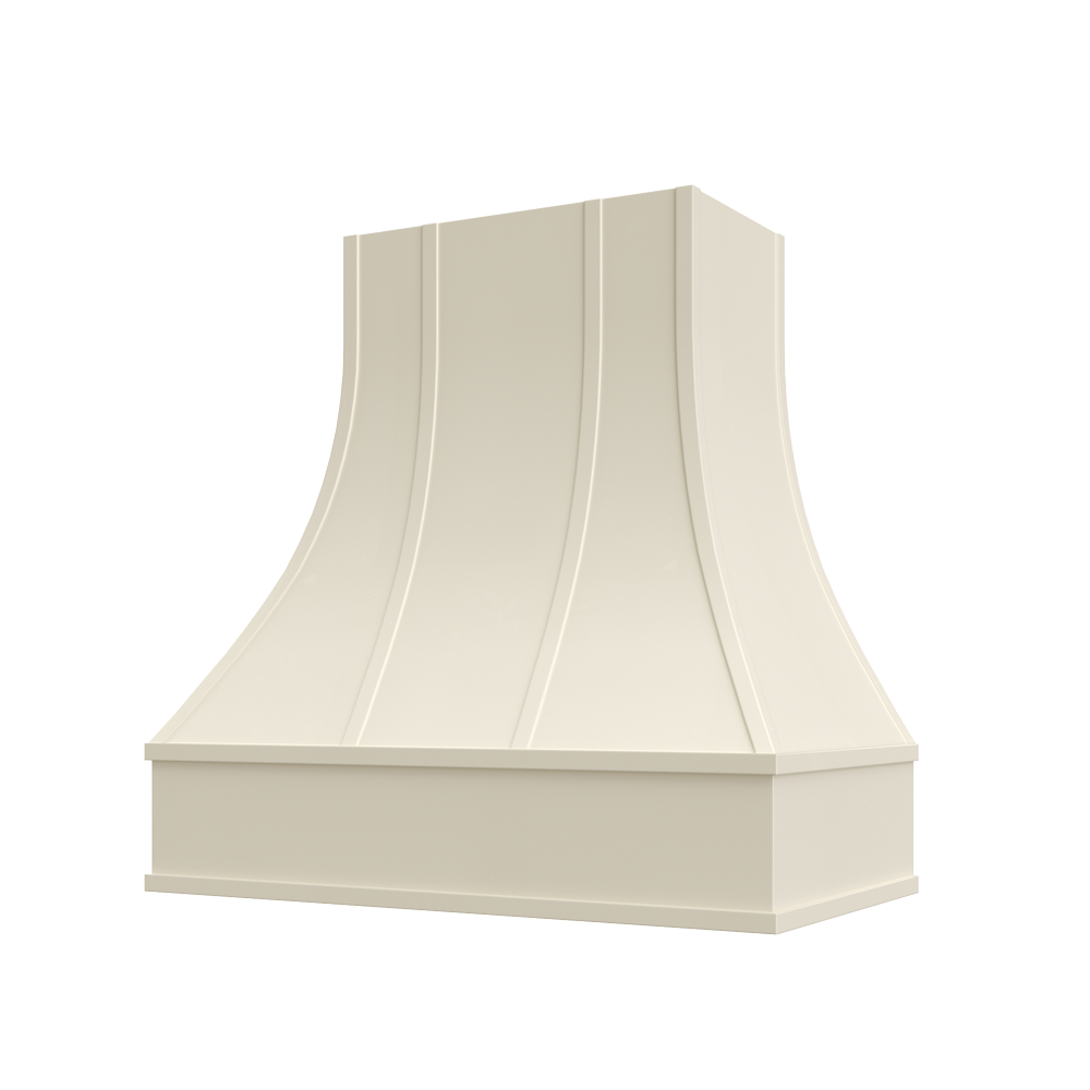 Curved Wood Range Hood with Strapped Front and Flat Moulding