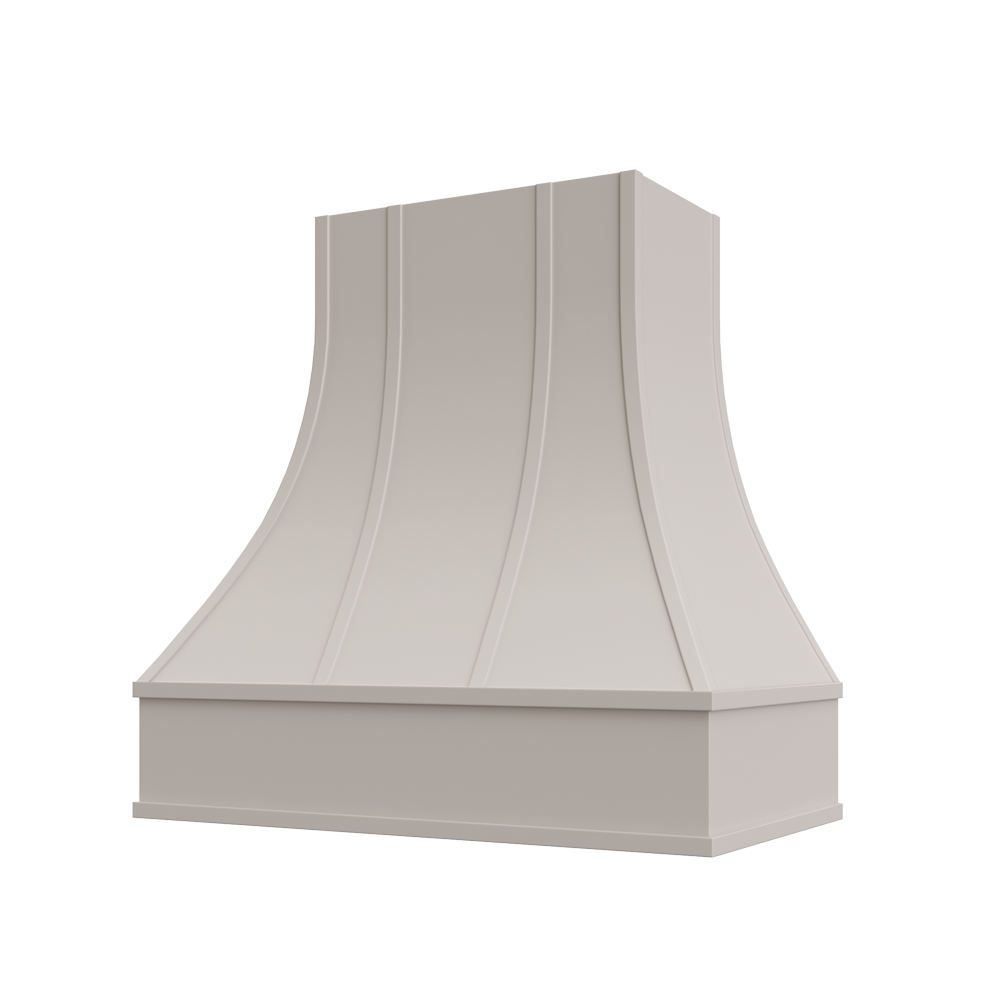 Curved Wood Range Hood with Strapped Front and Flat Moulding
