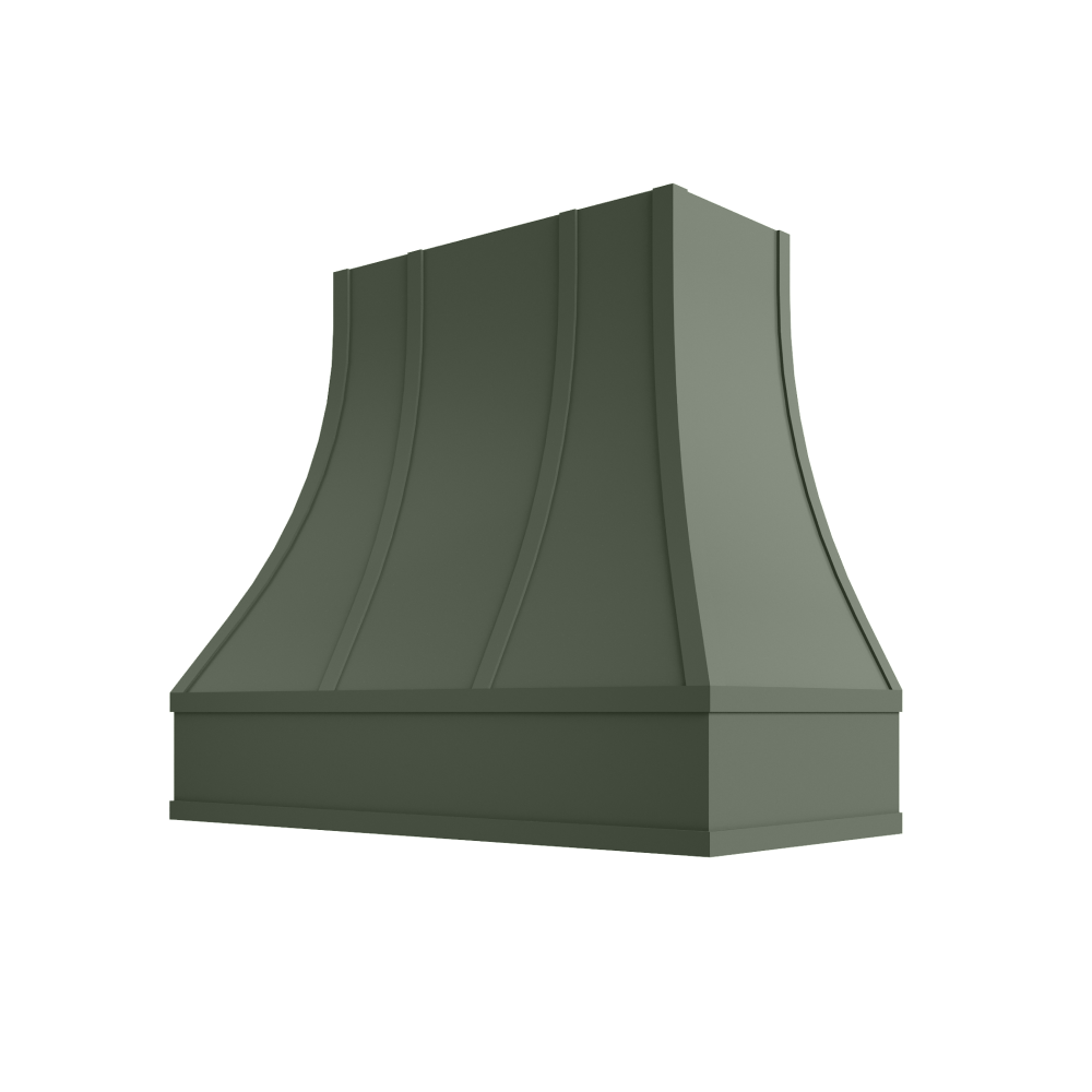 Curved Wood Range Hood with Strapped Front and Flat Moulding