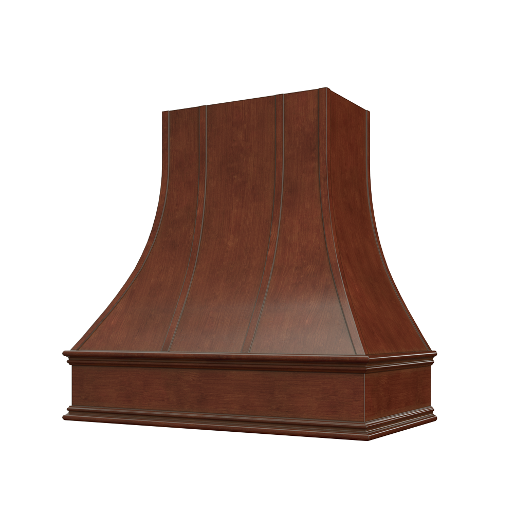Curved Wood Range Hood with Strapped Front and Classic Moulding