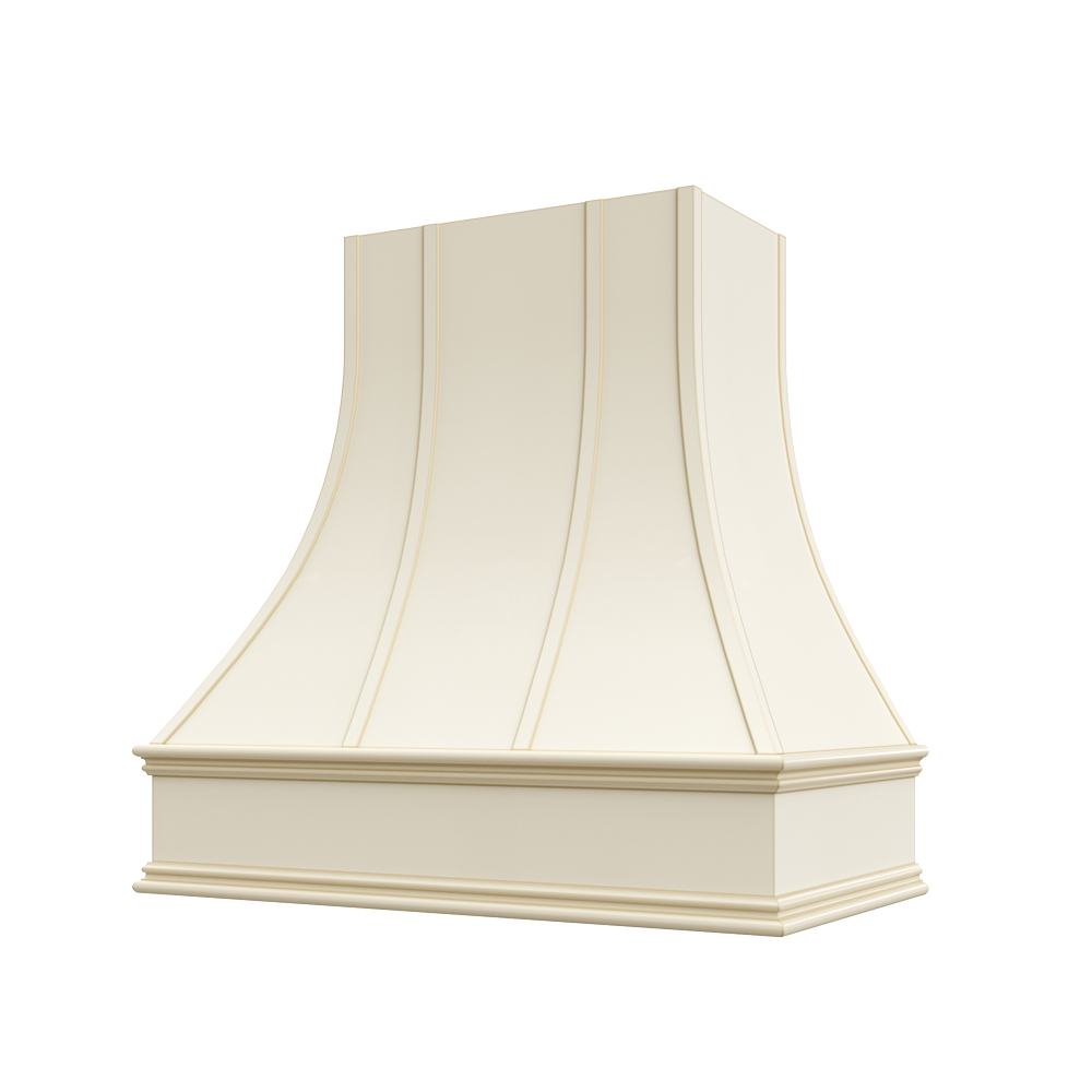 Curved Wood Range Hood with Strapped Front and Classic Moulding
