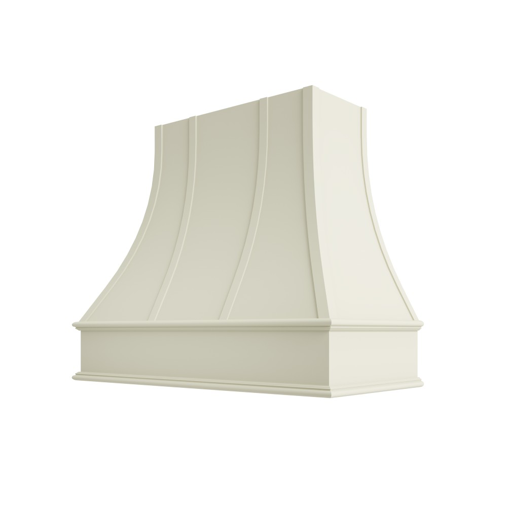 Curved Wood Range Hood with Strapped Front and Classic Moulding