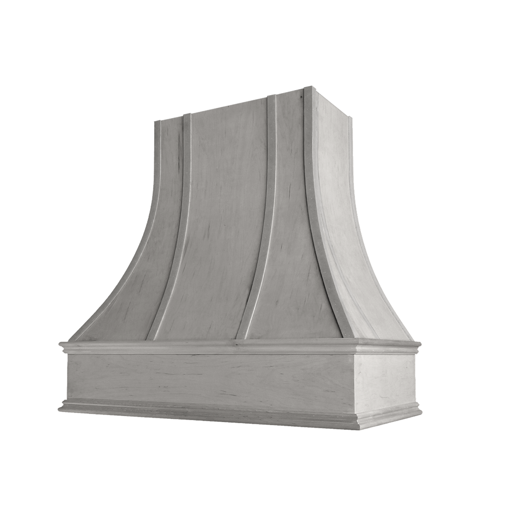 Curved Wood Range Hood with Strapped Front and Classic Moulding