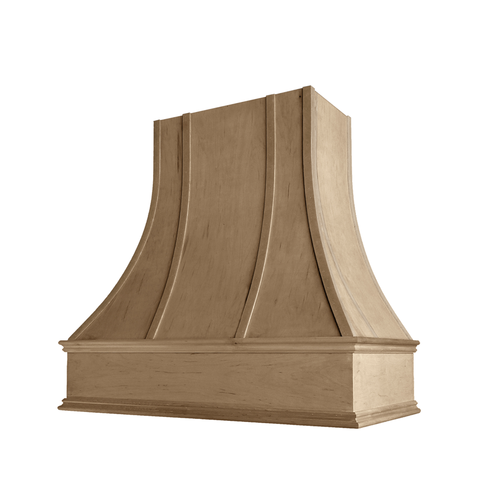 Curved Wood Range Hood with Strapped Front and Classic Moulding