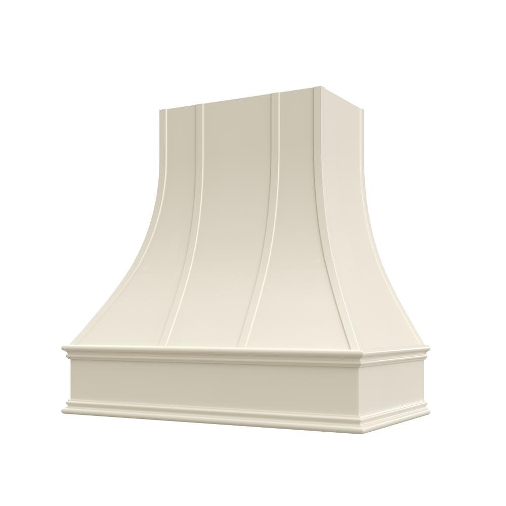 Curved Wood Range Hood with Strapped Front and Classic Moulding
