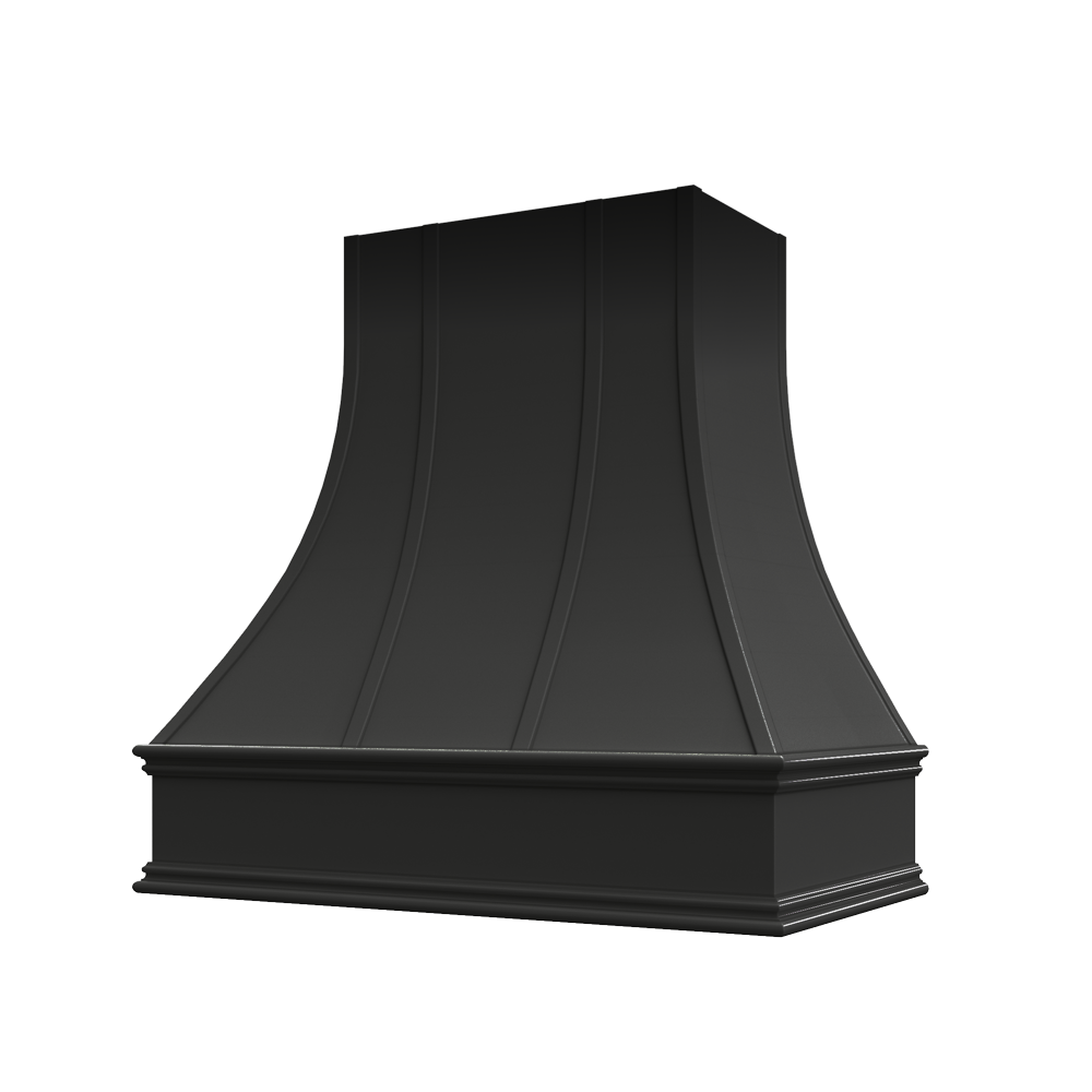 Curved Wood Range Hood with Strapped Front and Classic Moulding