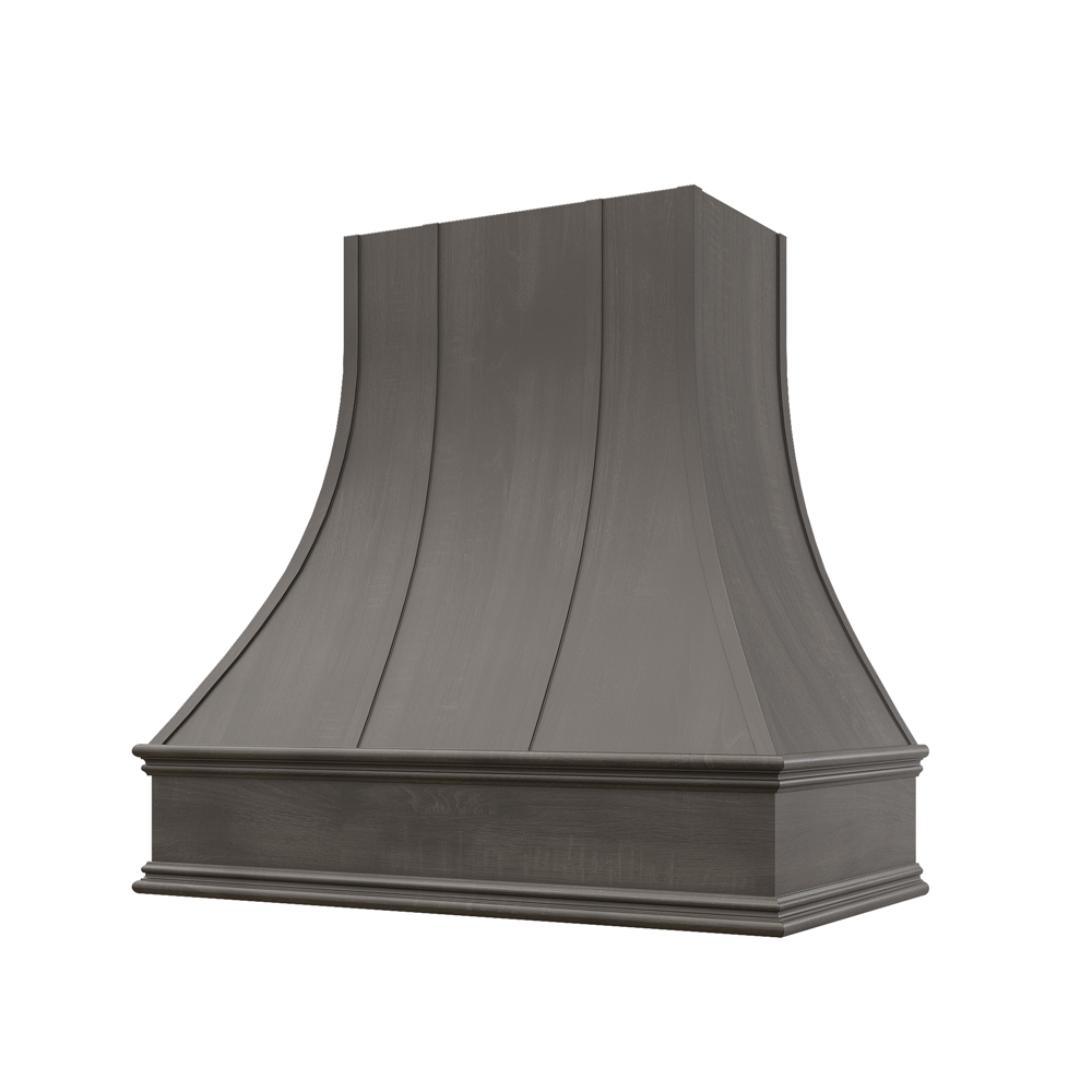 Curved Wood Range Hood with Strapped Front and Classic Moulding