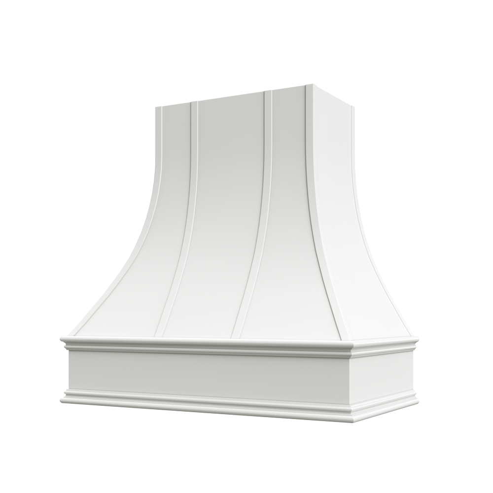 Curved Wood Range Hood with Strapped Front and Classic Moulding