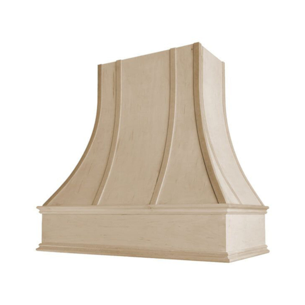 Curved Wood Range Hood with Strapped Front and Classic Moulding