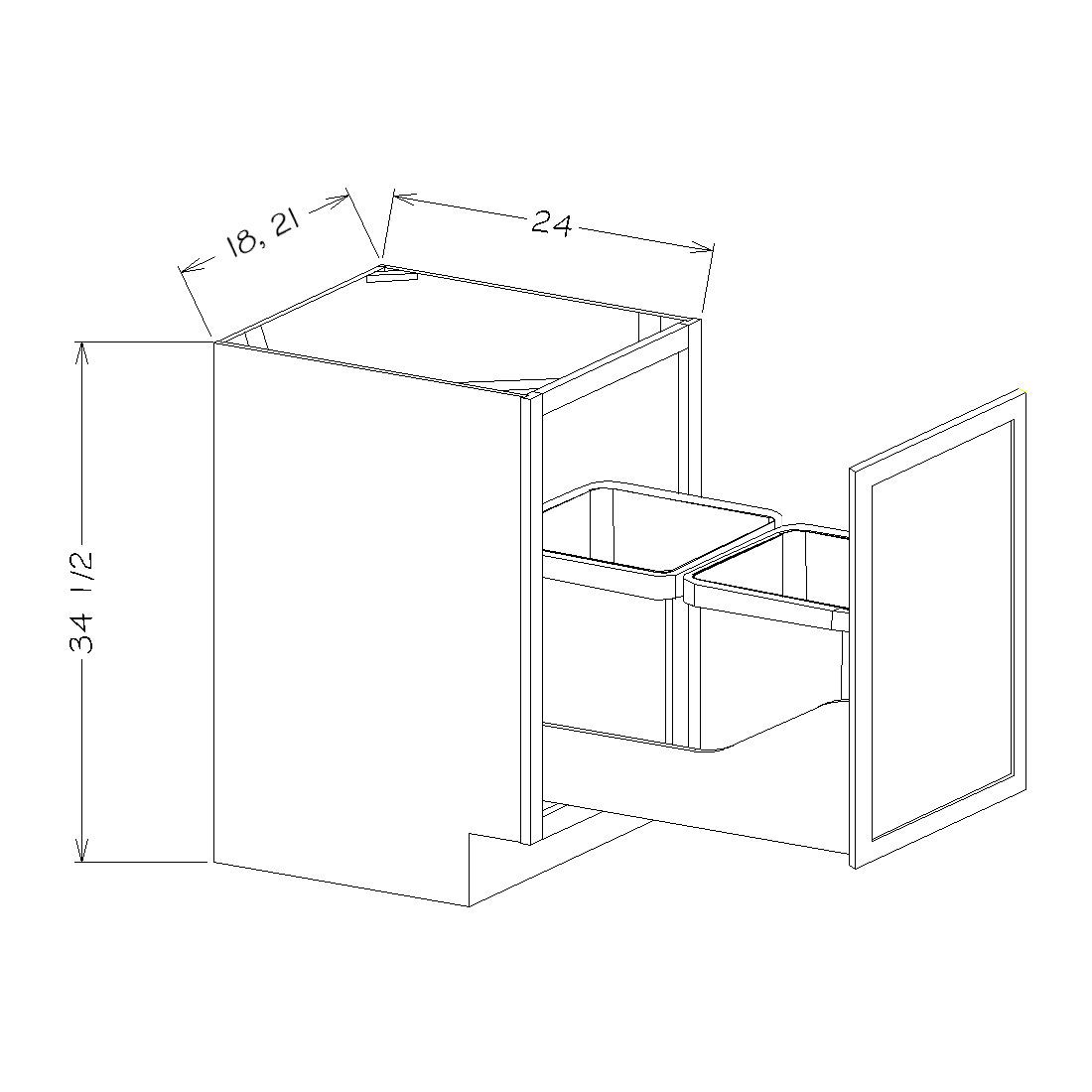 White Slim Shaker 21" Single Full Height Door Base Cabinet w/ Single Trashcan Pullout Kit