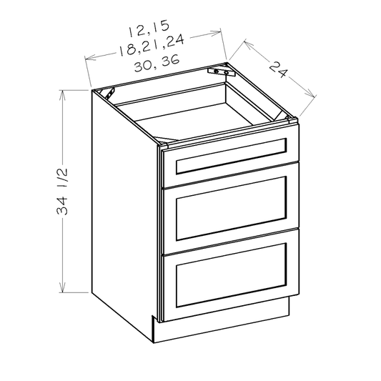 White Shaker 36" 3-Drawer Base Cabinet