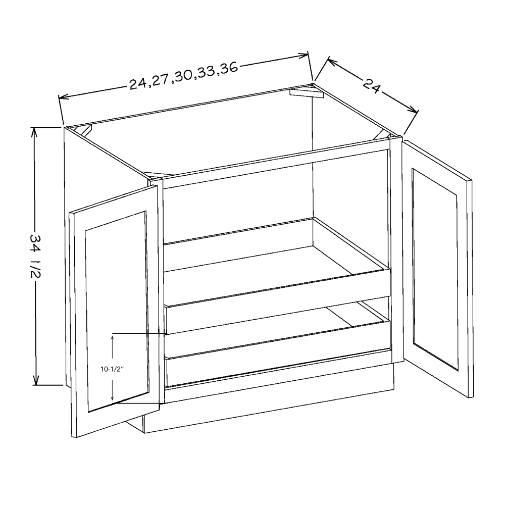 White Shaker 33" Full Height Door Base Cabinet w/ 2 Rollout Shelves