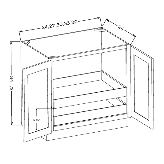 White Shaker 33" Full Height Door Base Cabinet w/ 2 Rollout Shelves