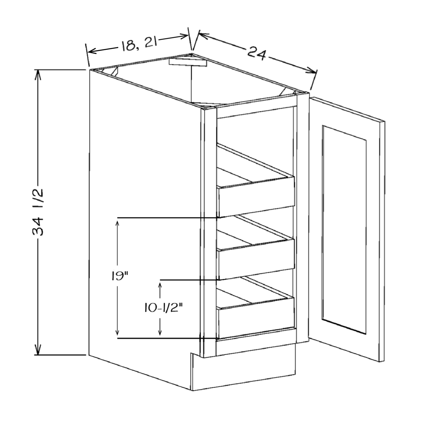 Black Shaker 21" Full Height Door Base Cabinet w/ 3 Rollout Shelves