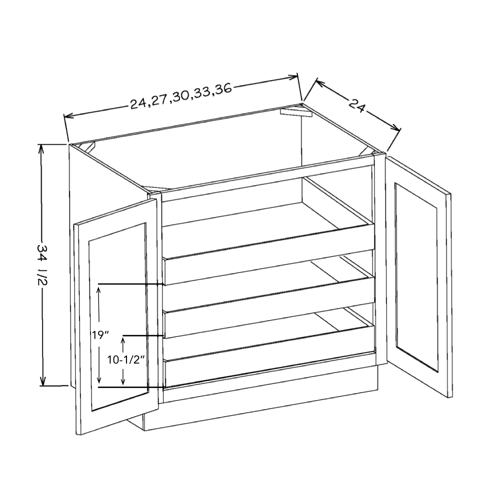 White Shaker 36" Full Height Door Base Cabinet w/ 3 Rollout Shelves