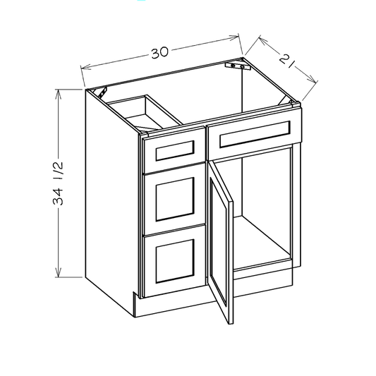 White Slim Shaker 30" Vanity Combo Base Cabinet with Drawers Left