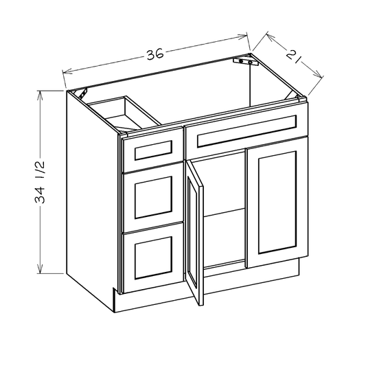 White Slim Shaker 36" Vanity Combo Base Cabinet with Drawers Left