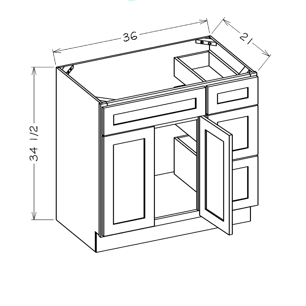 White Shaker 36" Vanity Combo Base Cabinet with Drawers Right