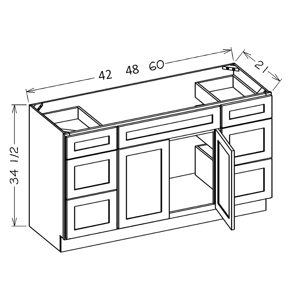 White Slim Shaker 42" Vanity Combo Base Cabinet Drawers