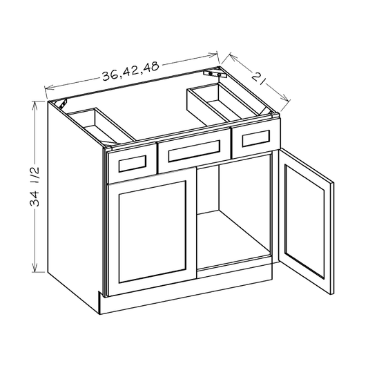 Black Shaker 42" Vanity Combo Base Cabinet with Top Drawers