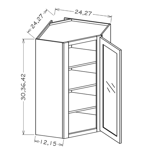Honey Shaker 24"W x 42" Wall Diagonal Glass Door Corner Cabinet with Finished Interior