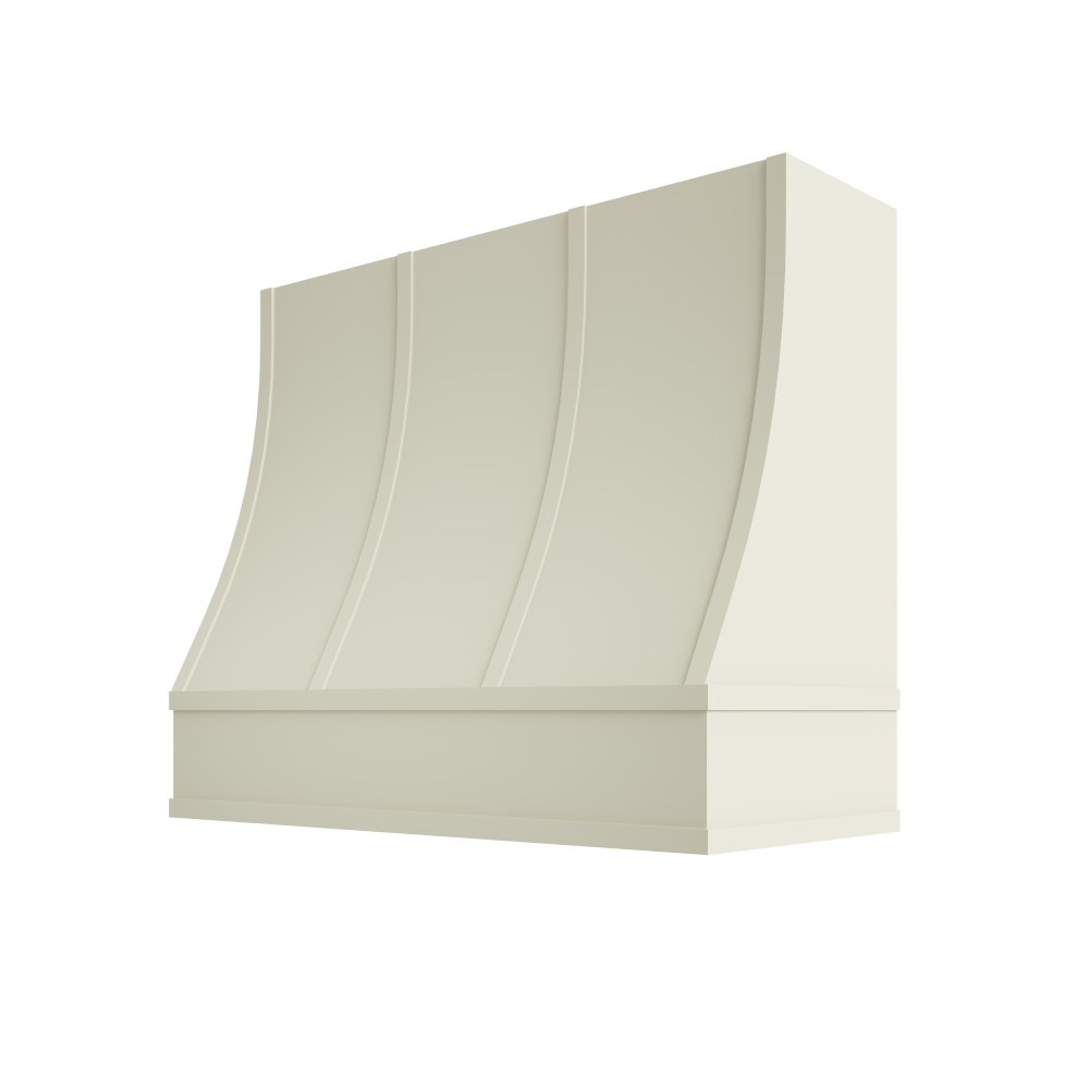 Sloped Wood Range Hood with Strapped Front and Flat Moulding