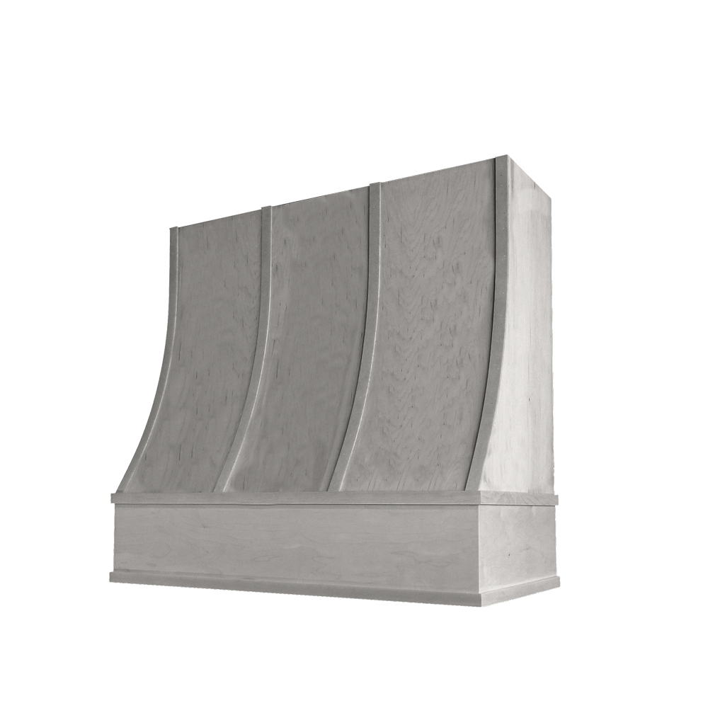 Sloped Wood Range Hood with Strapped Front and Flat Moulding