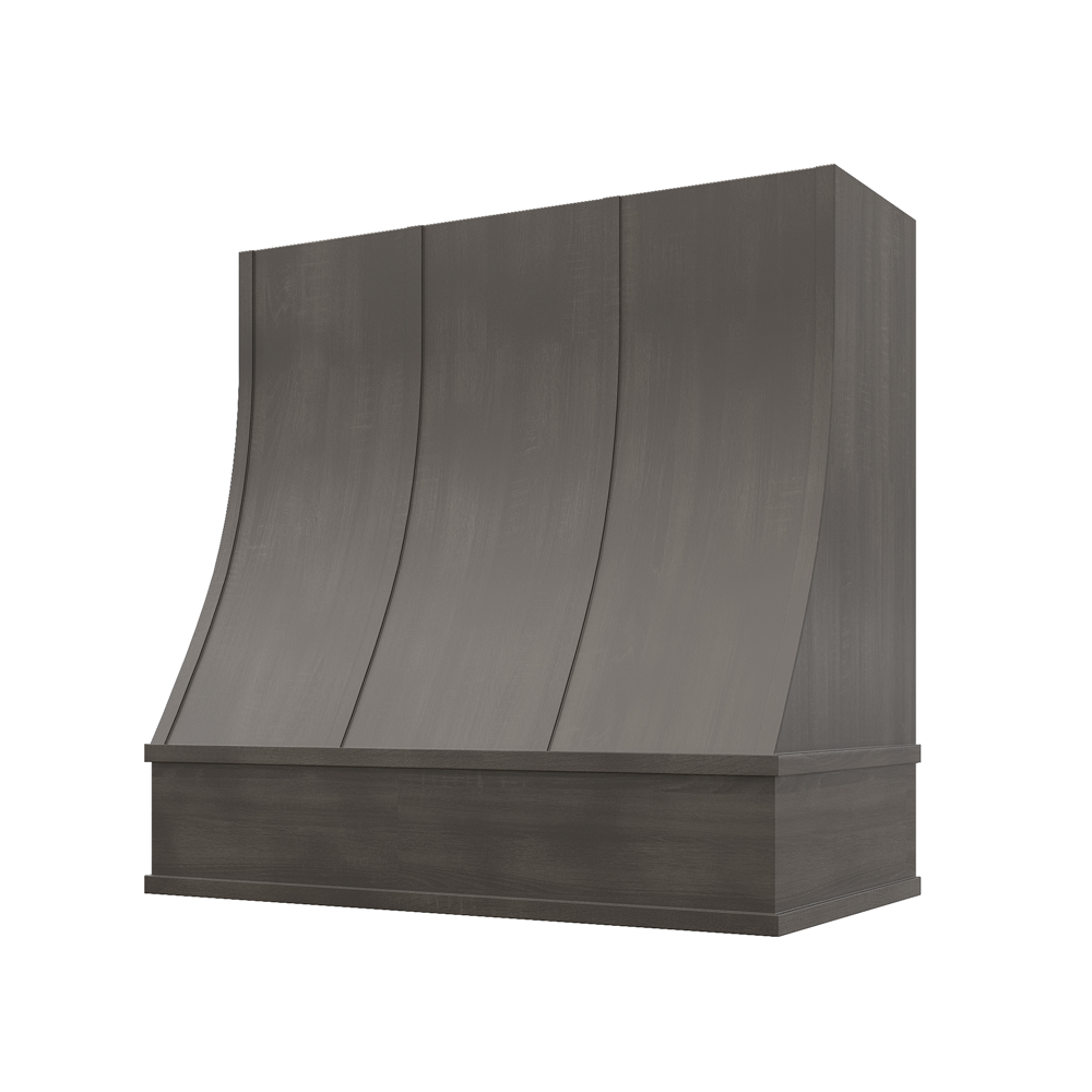 Sloped Wood Range Hood with Strapped Front and Flat Moulding