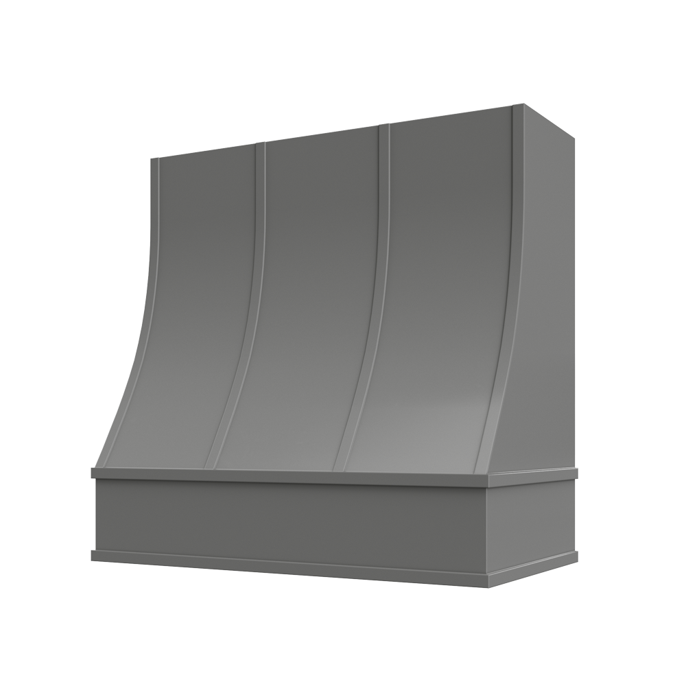 Sloped Wood Range Hood with Strapped Front and Flat Moulding