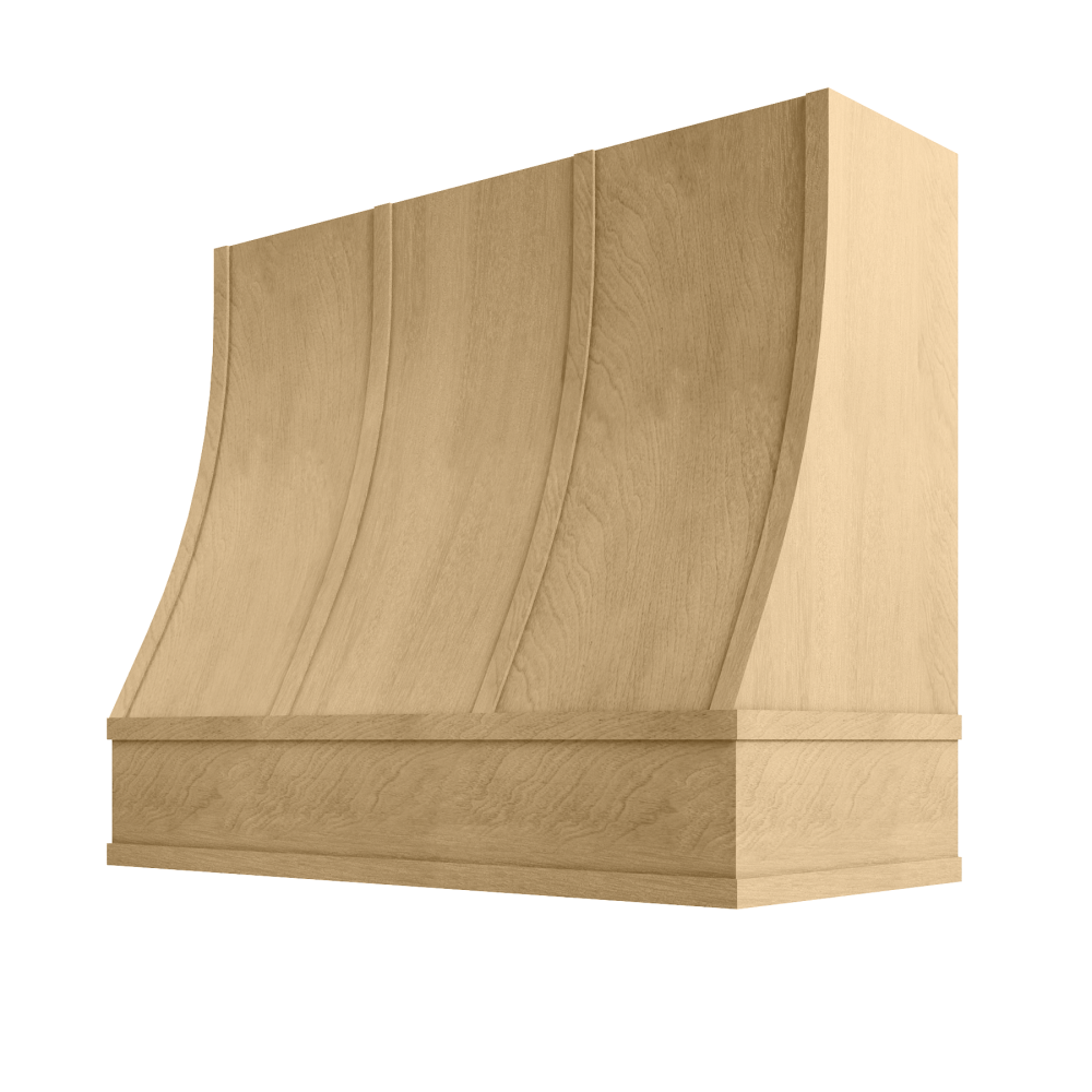Sloped Wood Range Hood with Strapped Front and Flat Moulding