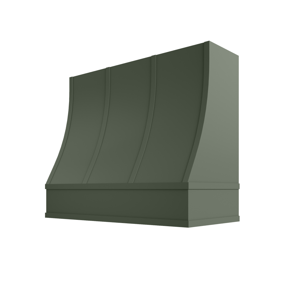 Sloped Wood Range Hood with Strapped Front and Flat Moulding