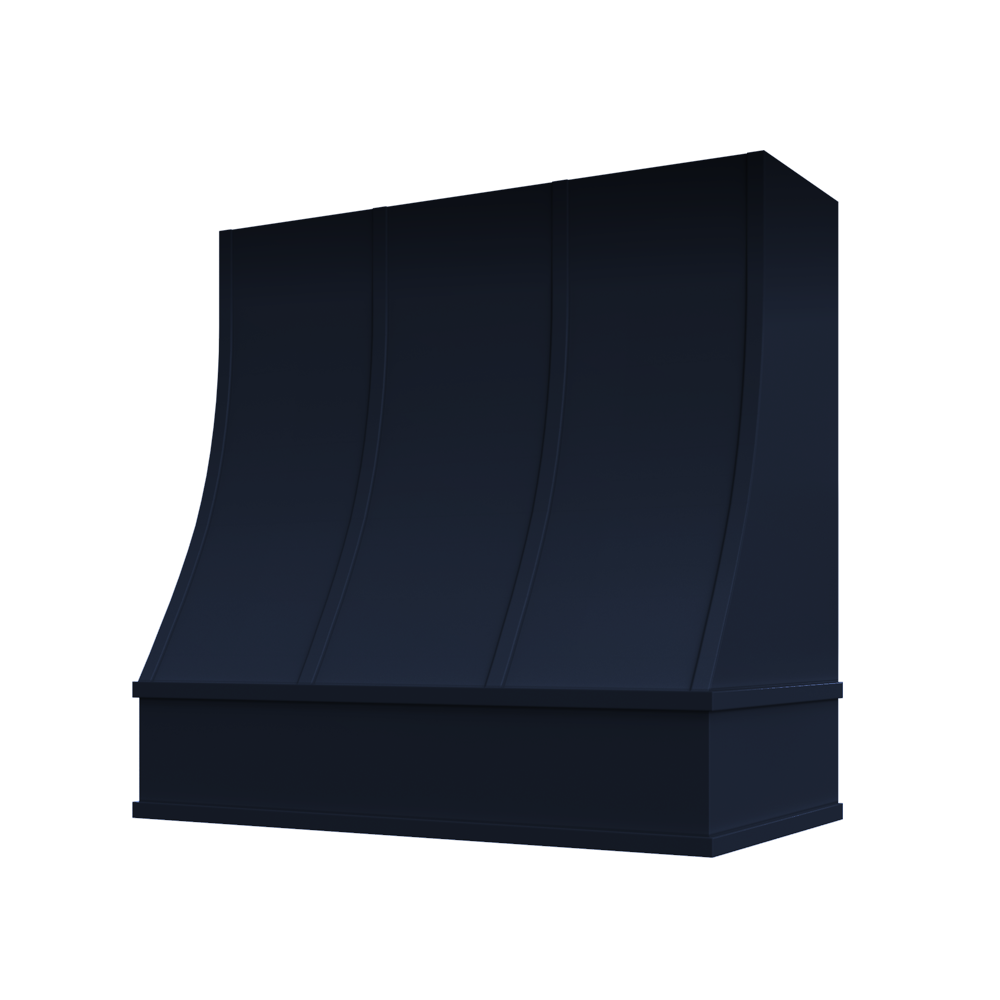 Sloped Wood Range Hood with Strapped Front and Flat Moulding