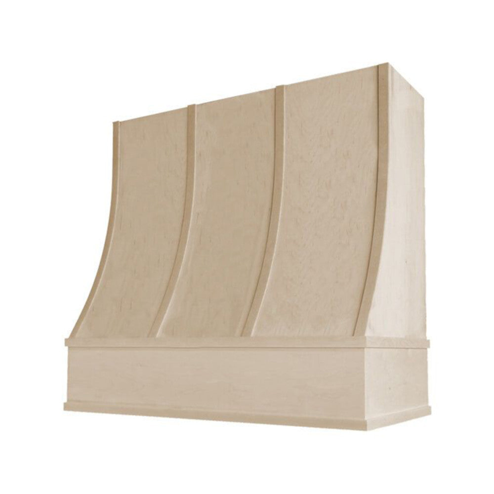 Sloped Wood Range Hood with Strapped Front and Flat Moulding