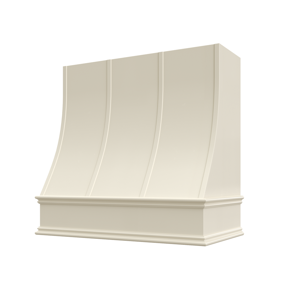 Sloped Wood Range Hood with Strapped Front and Classic Moulding