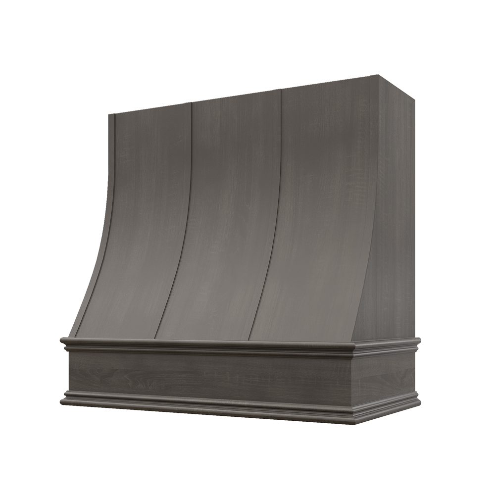 Sloped Wood Range Hood with Strapped Front and Classic Moulding