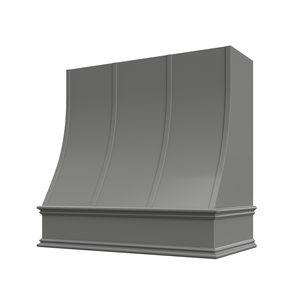 Sloped Wood Range Hood with Strapped Front and Classic Moulding