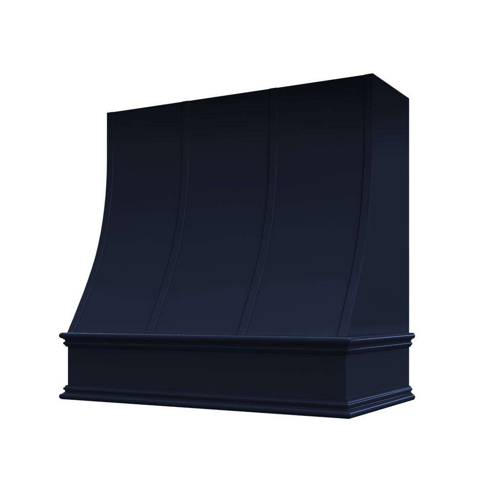 Sloped Wood Range Hood with Strapped Front and Classic Moulding