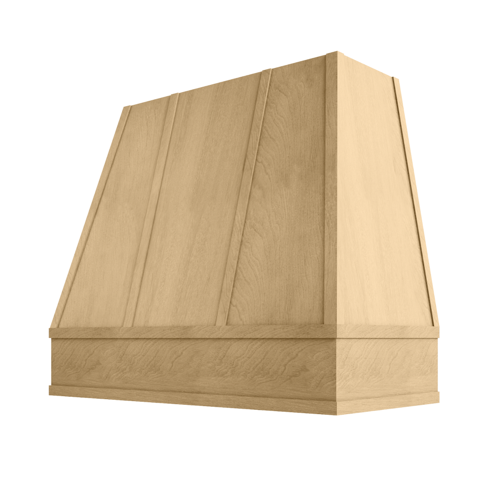 Tapered Wood Range Hood with Strapped Front and Flat Moulding