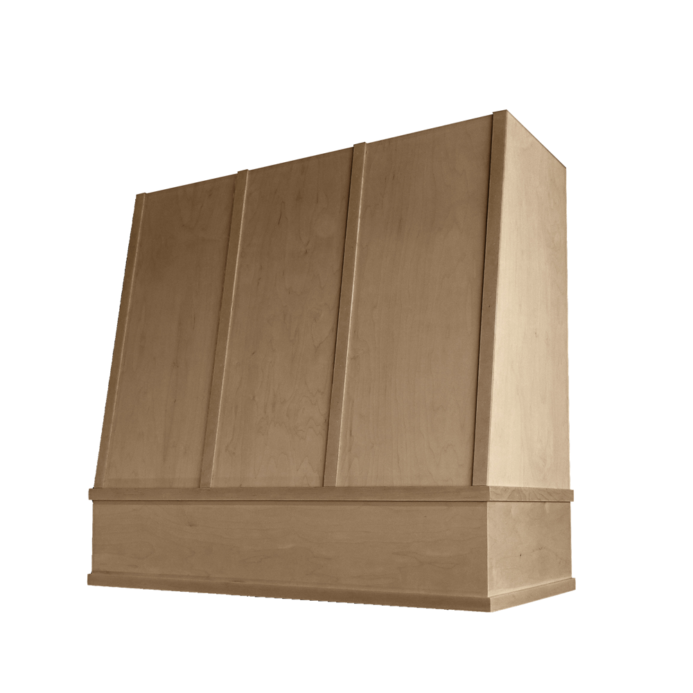 Angled Wood Range Hood with Strapped Front and Flat Moulding