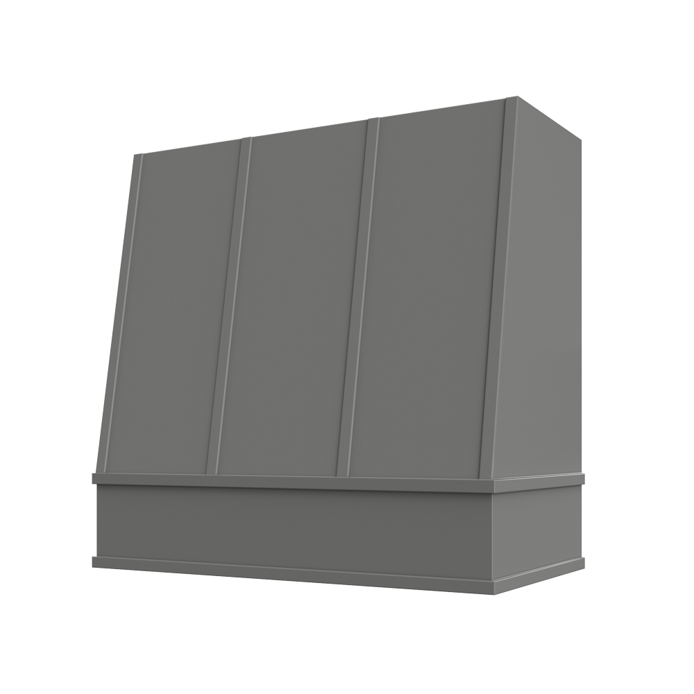 Angled Wood Range Hood with Strapped Front and Flat Moulding