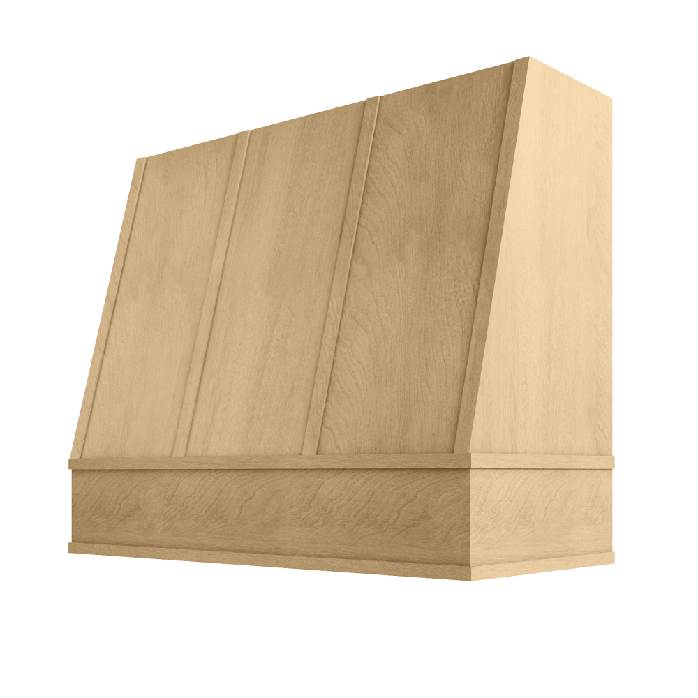Angled Wood Range Hood with Strapped Front and Flat Moulding