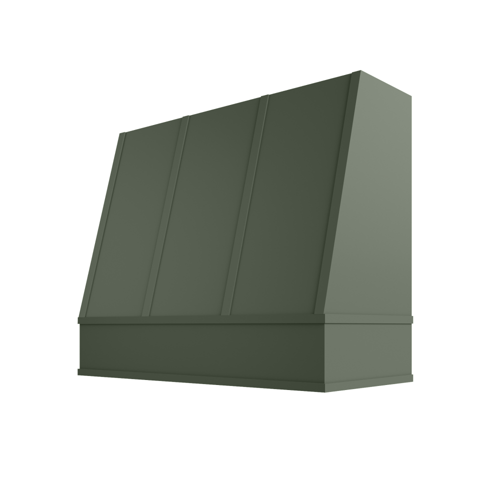 Angled Wood Range Hood with Strapped Front and Flat Moulding