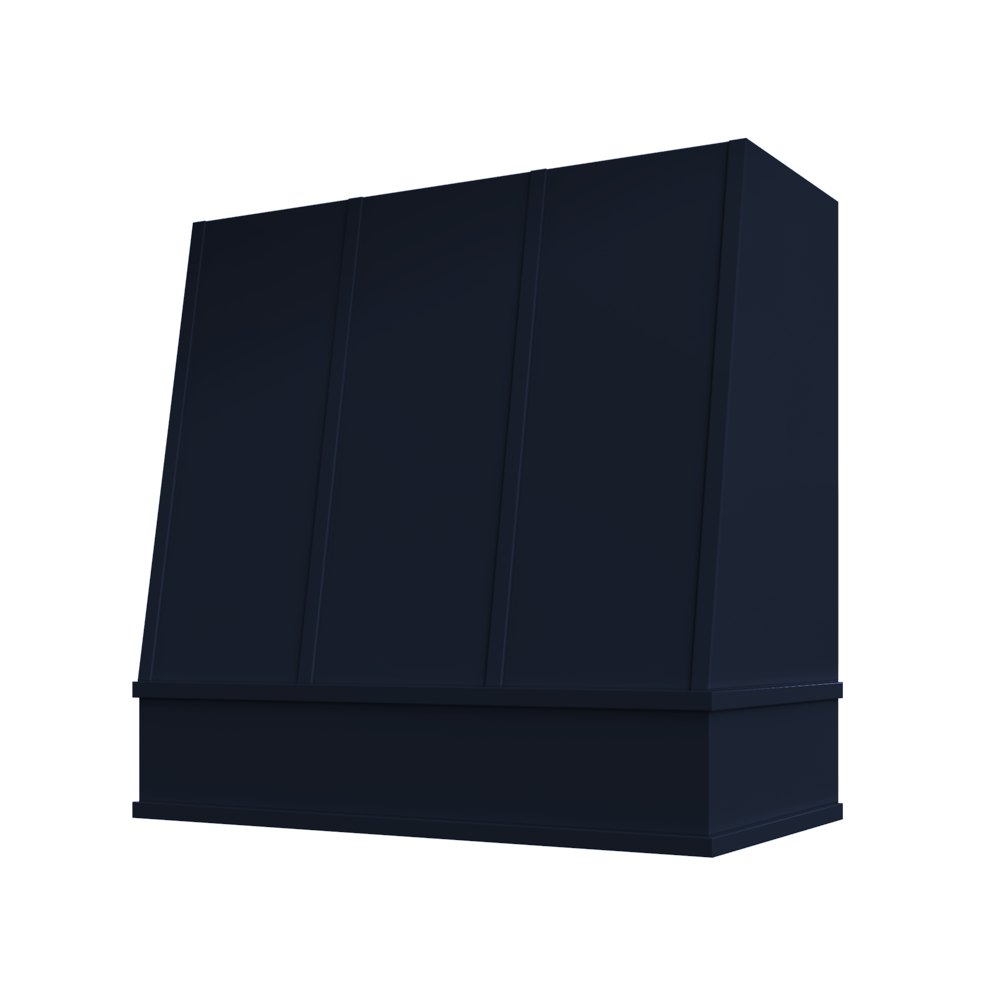 Angled Wood Range Hood with Strapped Front and Flat Moulding