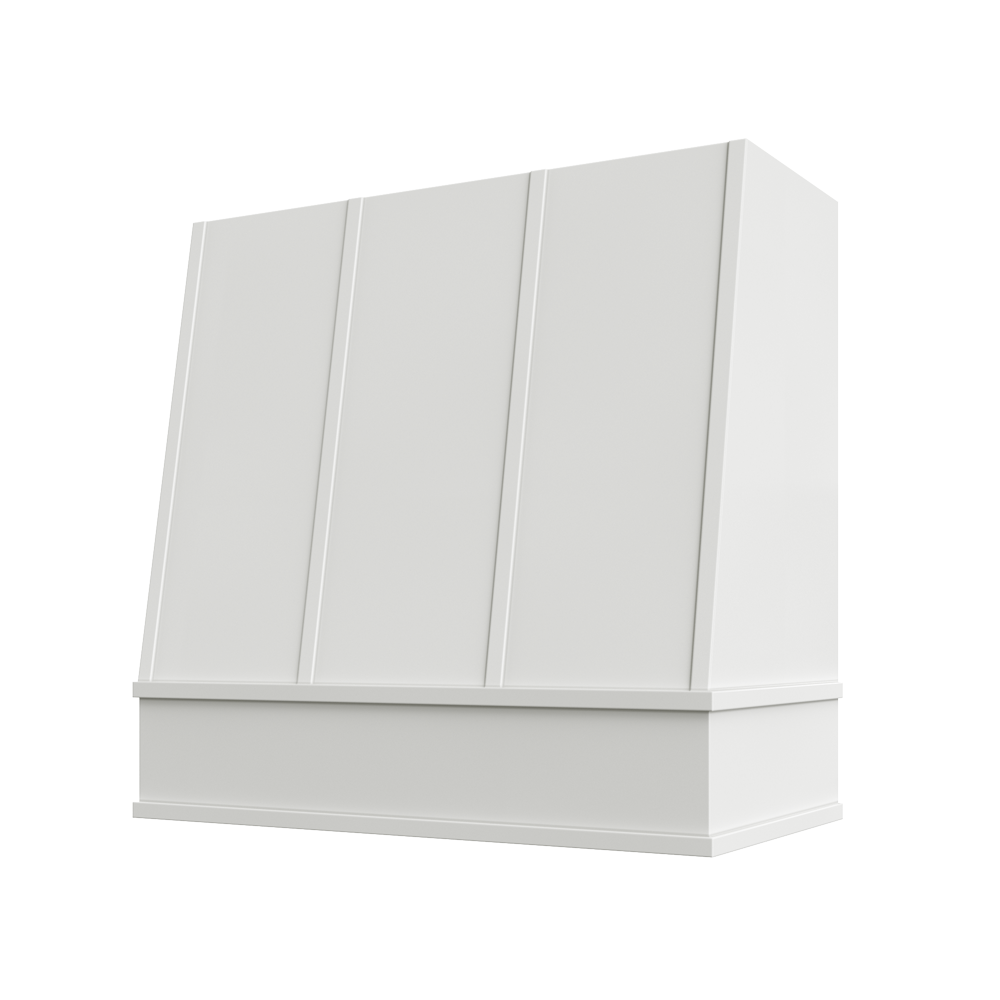 Angled Wood Range Hood with Strapped Front and Flat Moulding